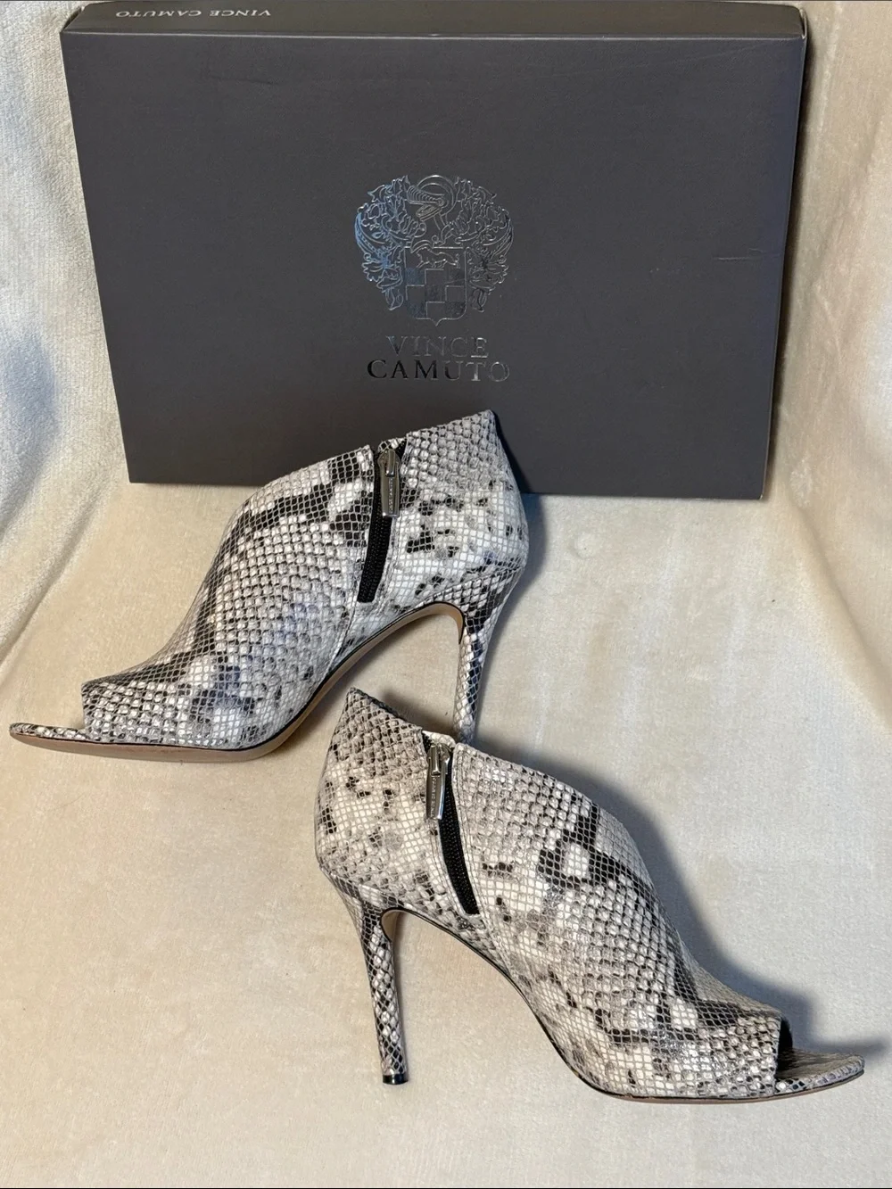 Vince Camuto Careeta Black and White Python Peep-Toe Stiletto Booties, Sz 9